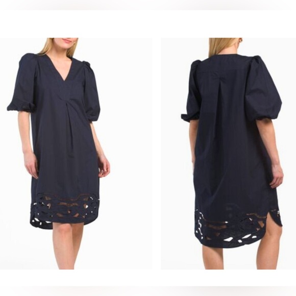 For Cynthia Dresses & Skirts - 🆕 FOR CYNTHIA Navy Puff Sleeve Embroidered Hem Midi Dress